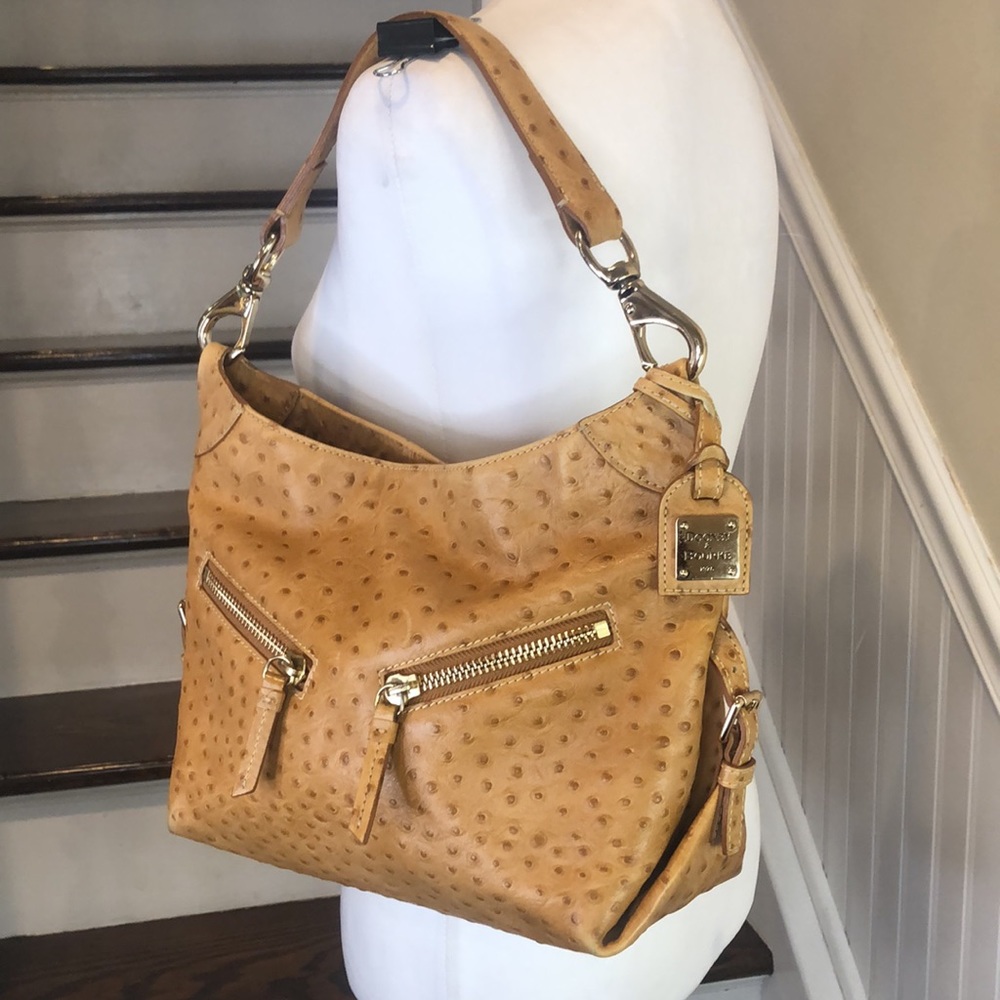 Vintage DOONEY & BOURKE Camel Ostrich Print Leather Shoulder Bag Hobo Design - Picture 2 of 14